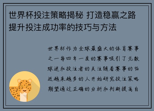 世界杯投注策略揭秘 打造稳赢之路 提升投注成功率的技巧与方法